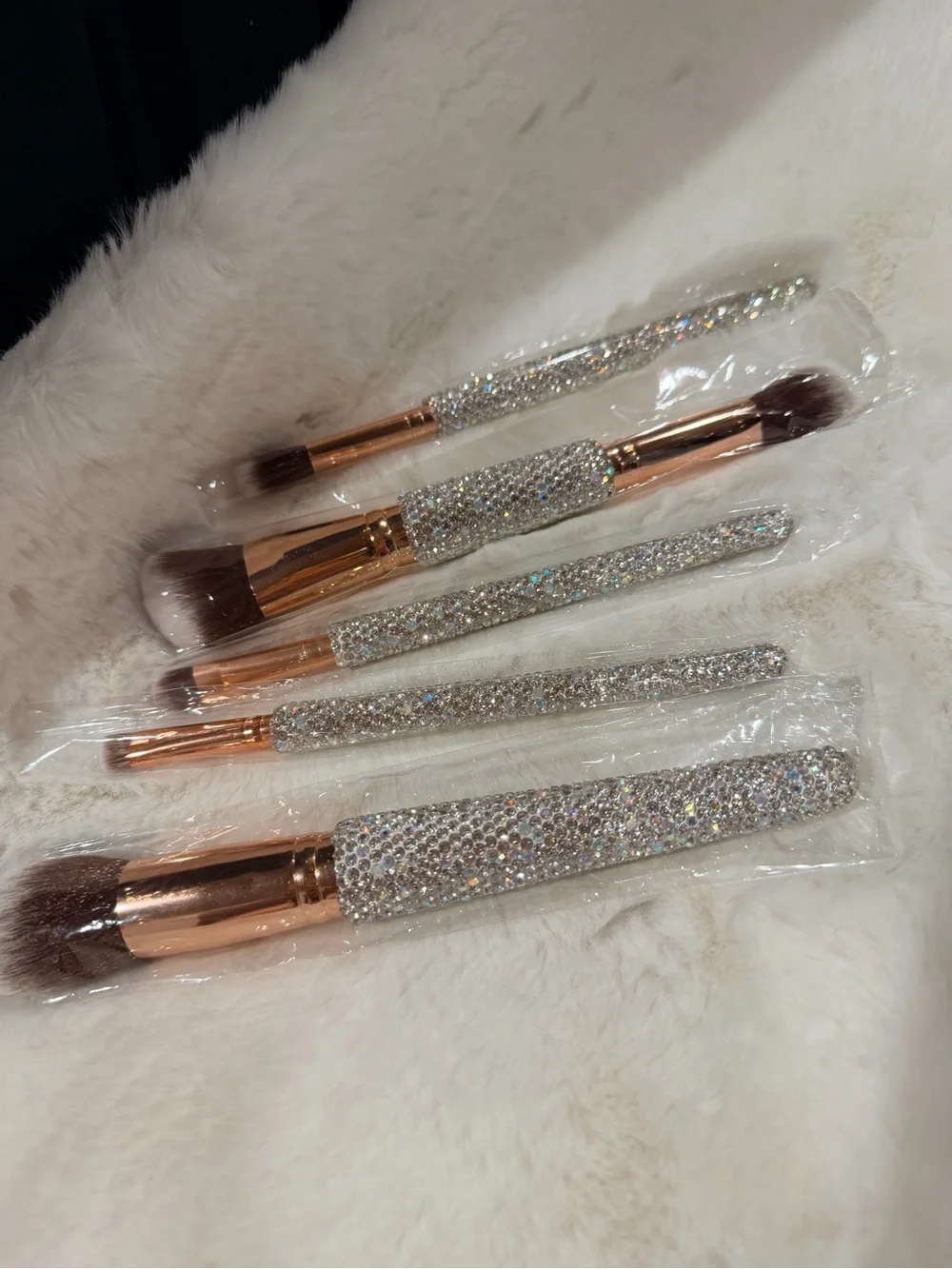 Crystal Handle Makeup Brush Set - Rose Gold Ferrules, Silver Sparkle Handles
